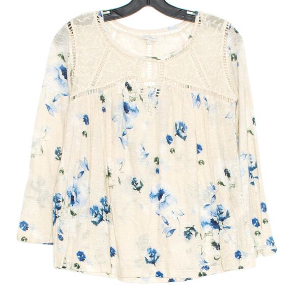 Lucky Brand Top Boho Feminine Cottage Floral Lace Peasant Linen Cream Blue XS - Picture 1 of 3